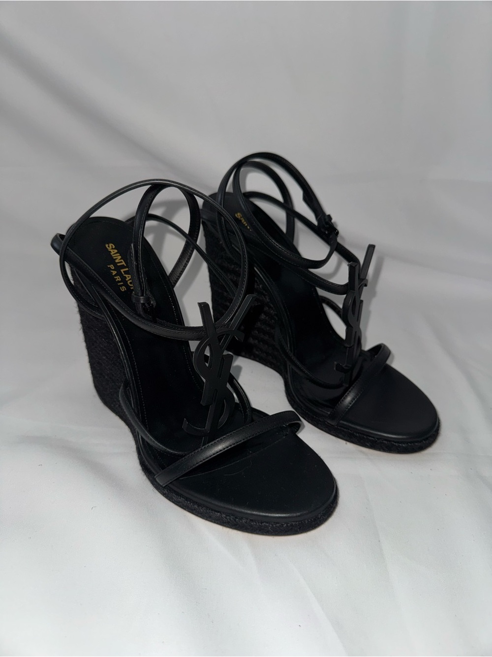 Saint Laurent Black Logo-Strap Wedge Sandals